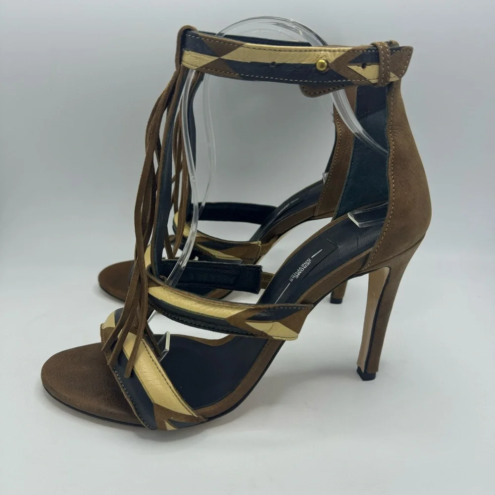Jerome Dreyfuss Bea Fringe Leather Sandal Heels Size EU 39 Color Block Brown